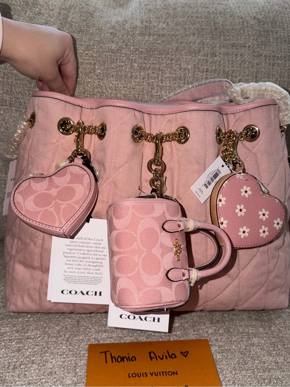 Coach Pink Denim Heart Charm Keychain Bag